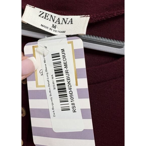Zenana Women’s Burgundy Long Sleeve Button Front Mini Dress Size Medium - Picture 3 of 5